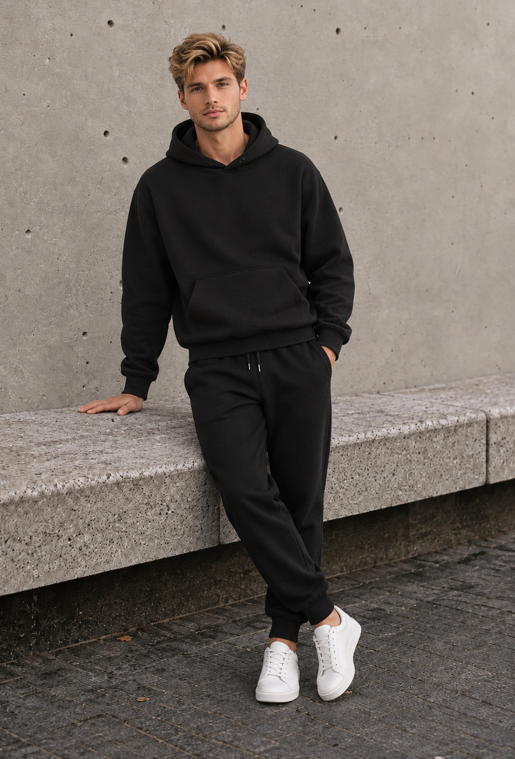 Men's cotton blend coordinated hoodie and joggers set with hood and side pockets