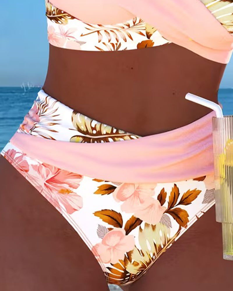 Ensemble deux pièces à imprimé floral contrasté, coupe bikini, pour femme