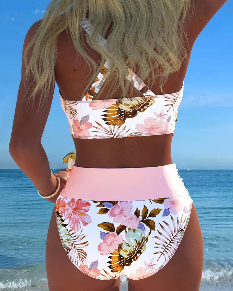 Haut de maillot à découpes latérales et motif floral, style brassière femme