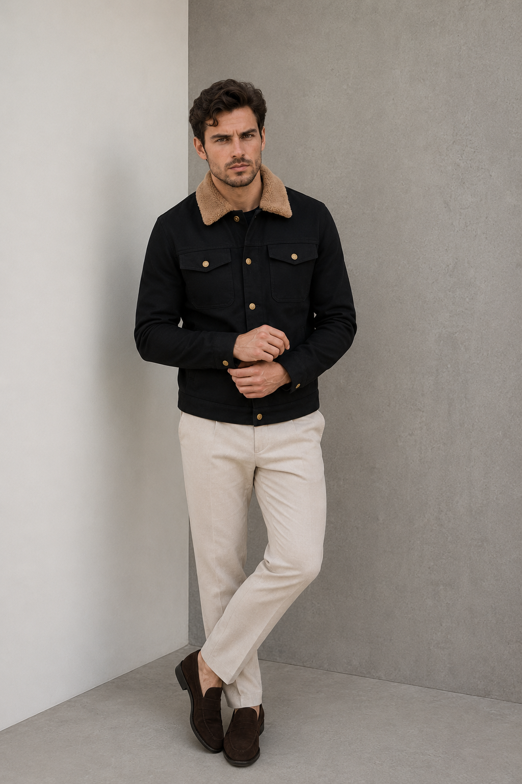 Men's short jacket with paneled construction, buttoned cuffs, chest pockets, and side pockets