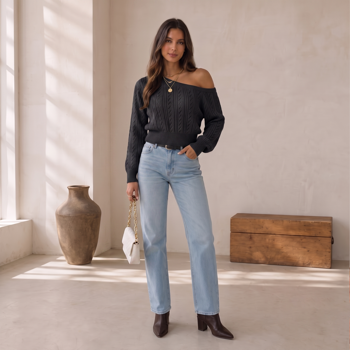 Off-shoulder slim-fit knit sweater with textured cotton-blend fabric