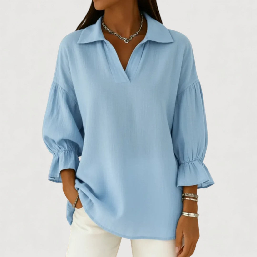 Blouse fluide à col en V et manches longues froncées, coupe ample, femme
