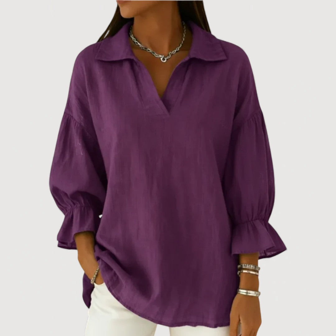Blouse fluide à manches longues et col en V, silhouette ample, femme