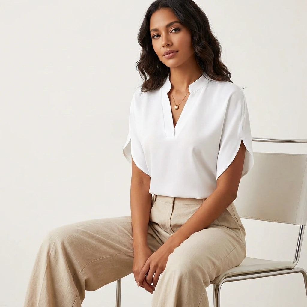 Blouse tissée légère col en V, manches courtes à fente, coupe ample femme