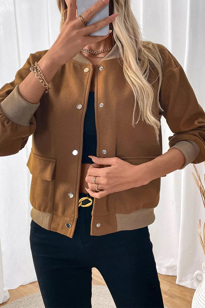 Veste bomber en coton, coupe courte, fermeture à boutons-pression, pour femme