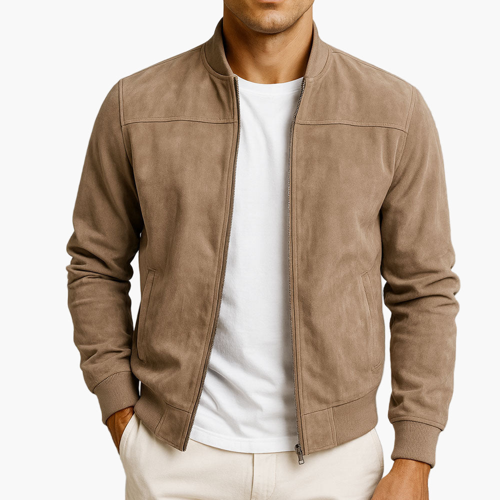 Blouson effet suédé zippé à col montant, coupe ajustée, pour homme