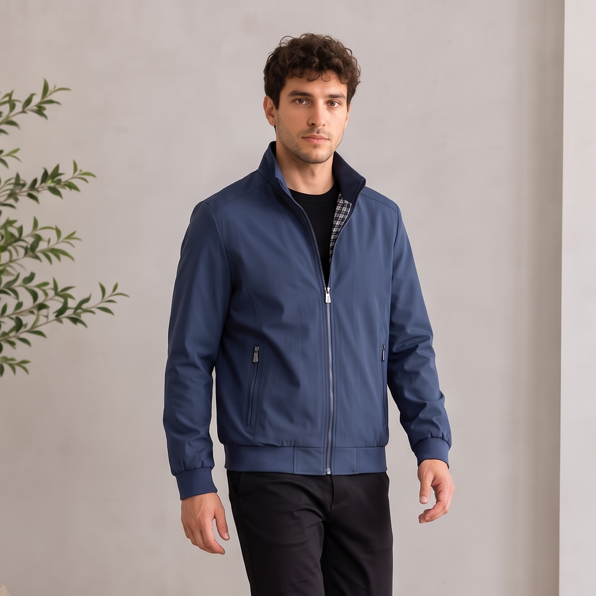 Men's woven zip-up jacket with stand-up collar and side zip pockets