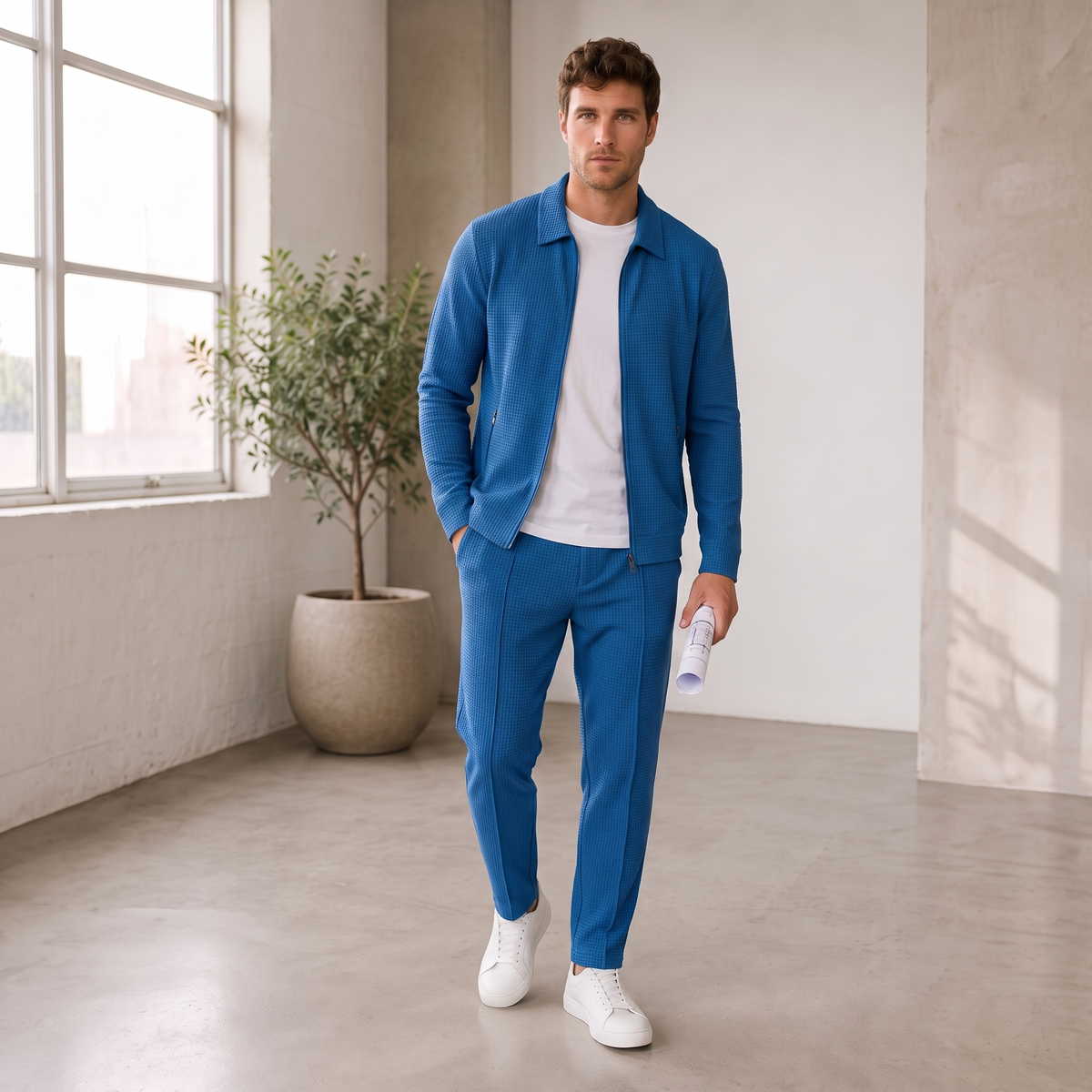 Men's textured tracksuit set with zip-up jacket and tapered drawstring pants in a relaxed casual style