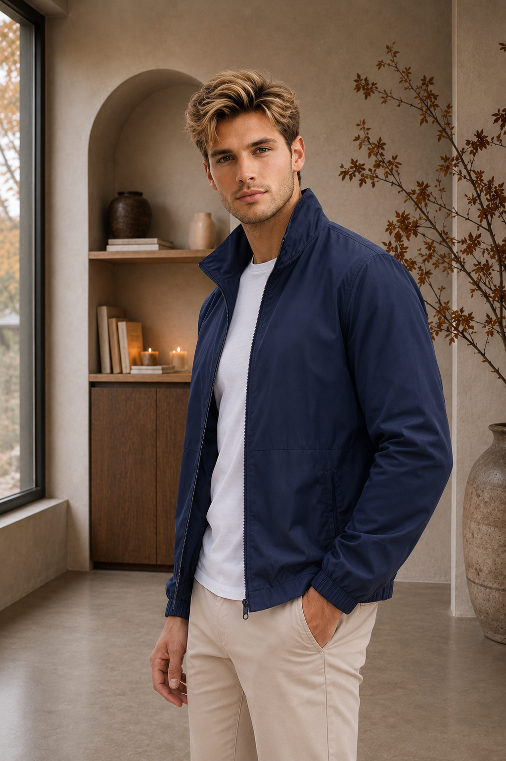 Men's zip-up lightweight jacket with elastic cuffs and side zip pockets