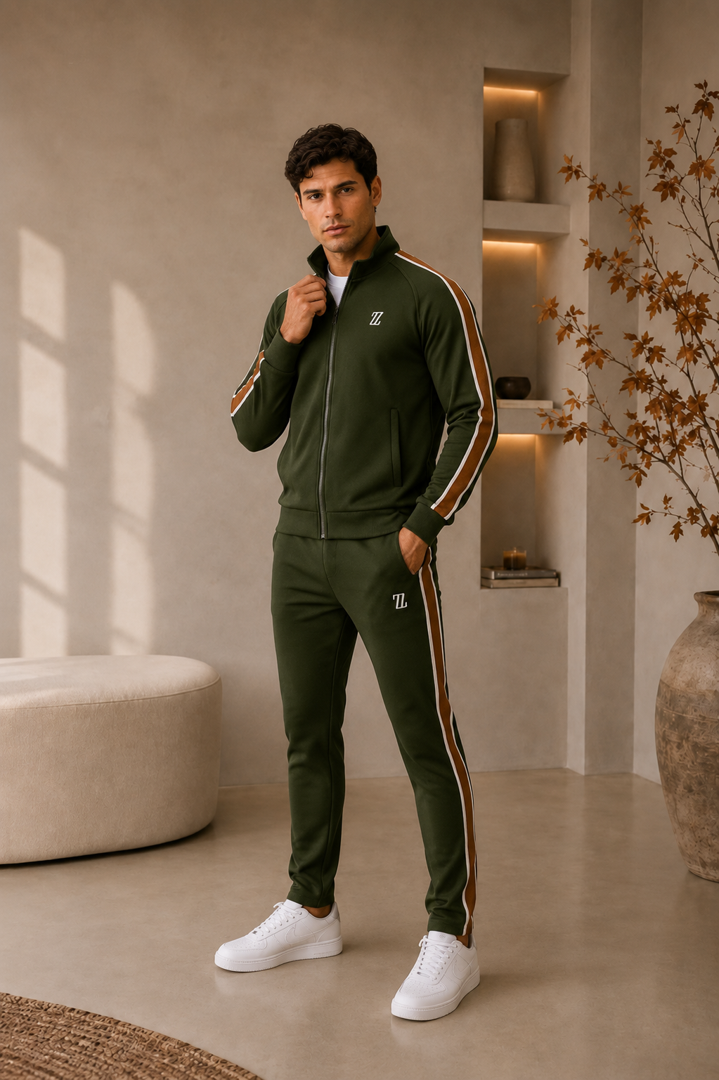 Men's olive green knitted tracksuit set
