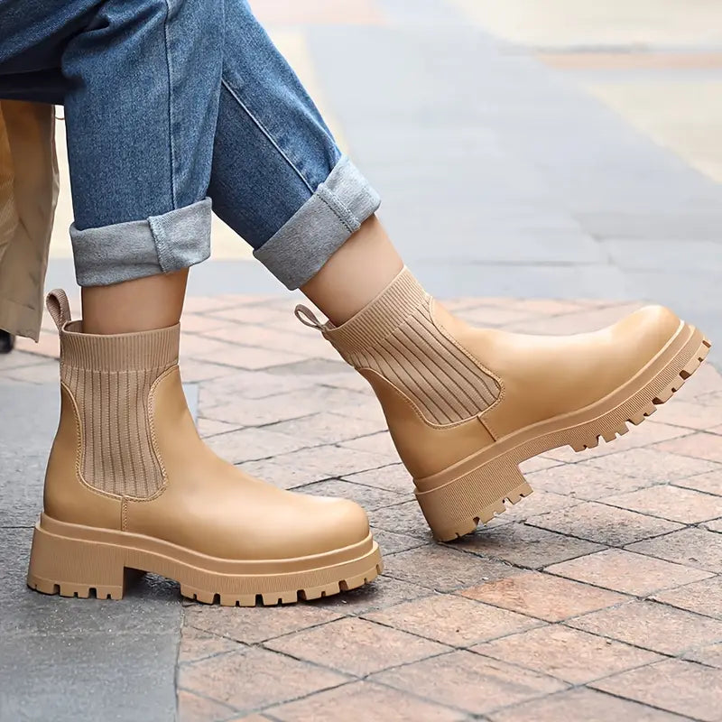 Bottes Chelsea épaisses en similicuir pour femmes