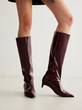Bottes hautes en cuir verni pour femme, bout pointu et talon haut, coupe ajustée