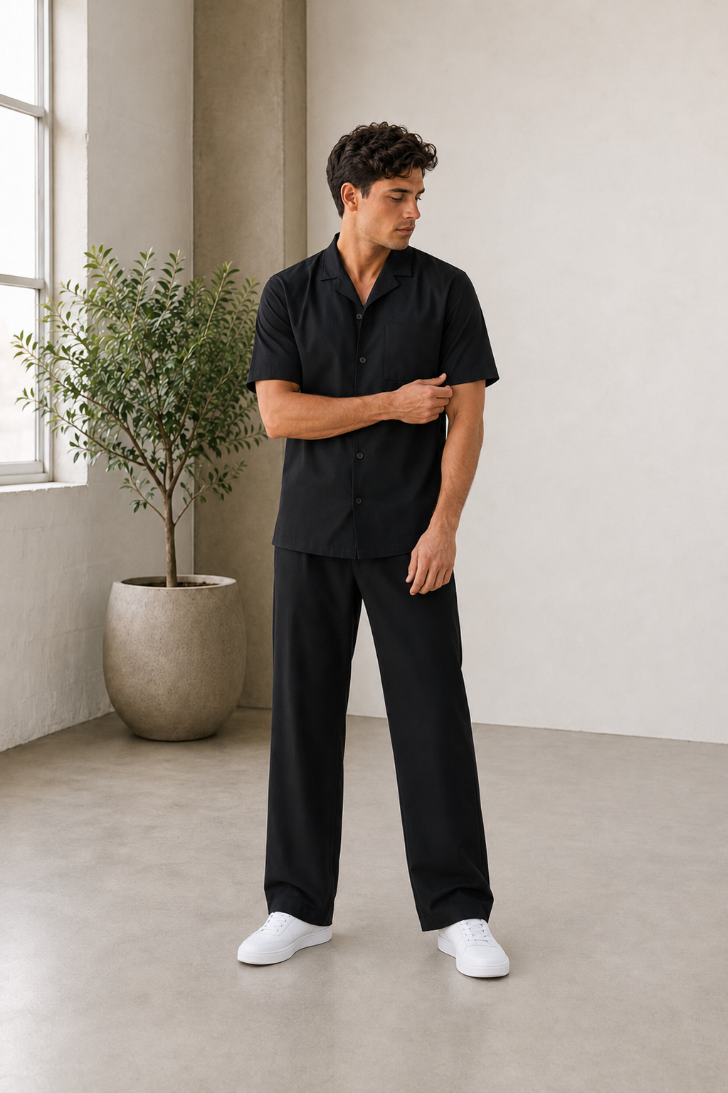 Men's black trouser set with short sleeve shirt and straight-leg trousers