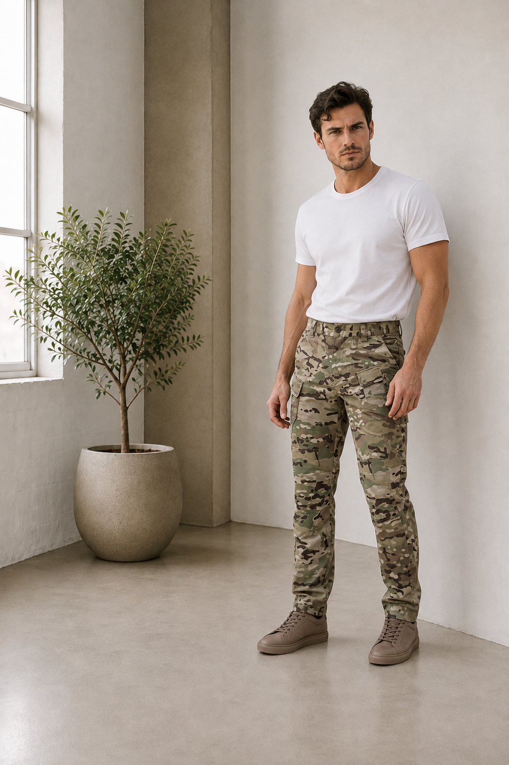 Men's cargo pants with reinforced stitching, cargo side pockets, and full-length straight legs