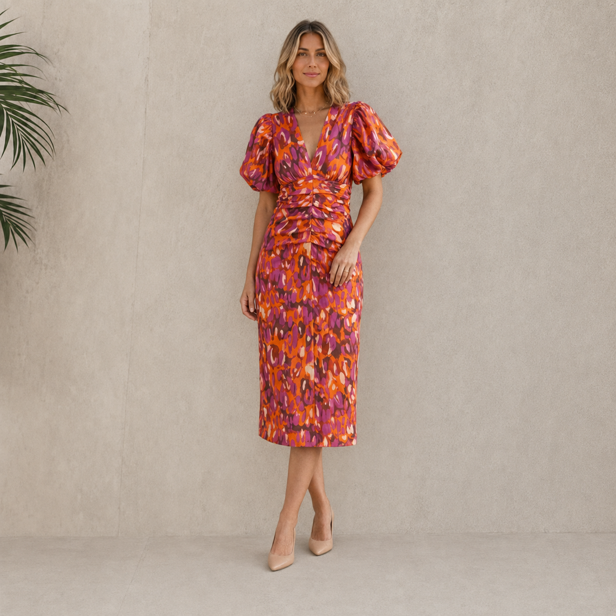 All over print midi dress with short sleeves