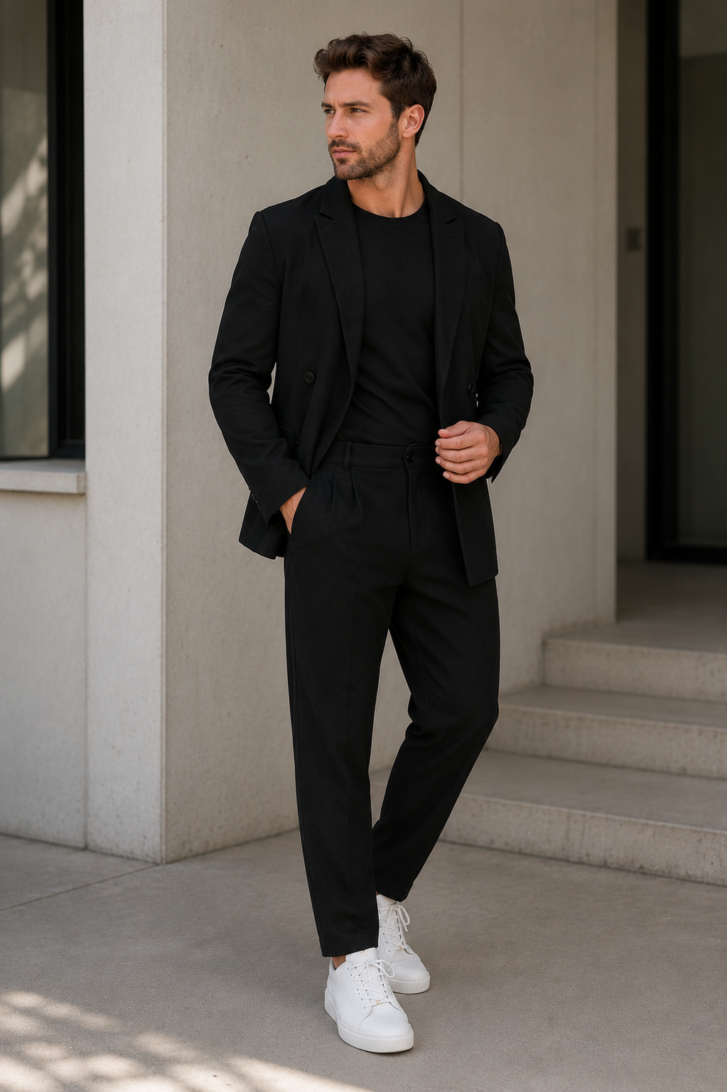 Men's woven tailored two-piece set with single-button blazer and straight-leg trousers
