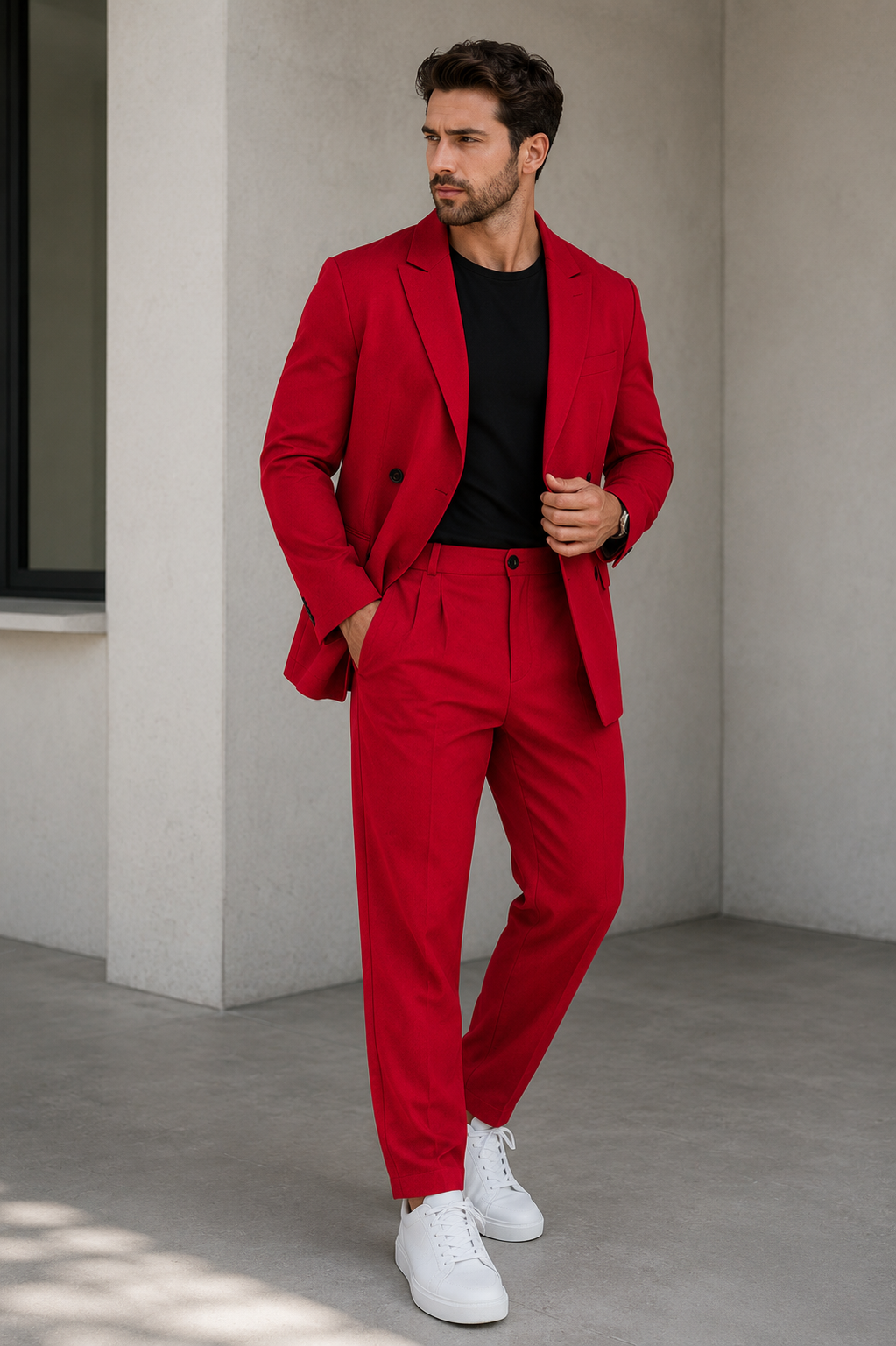 Men's tailored blazer and straight-leg trouser set in woven fabric for formal and smart-casual occasions
