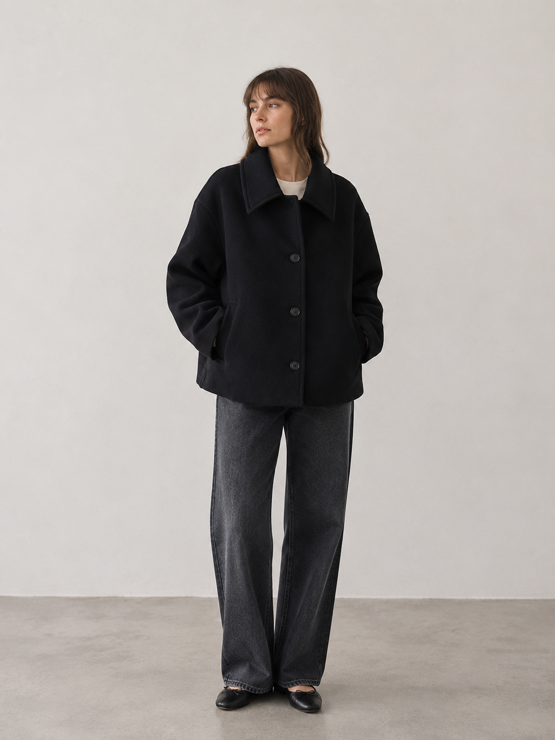 Oversized hip-length wool-blend coat for women with structured lapel collar