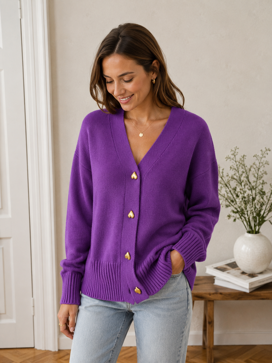 Women's button-up knitted cardigan with V-neckline and regular fit, full-length view