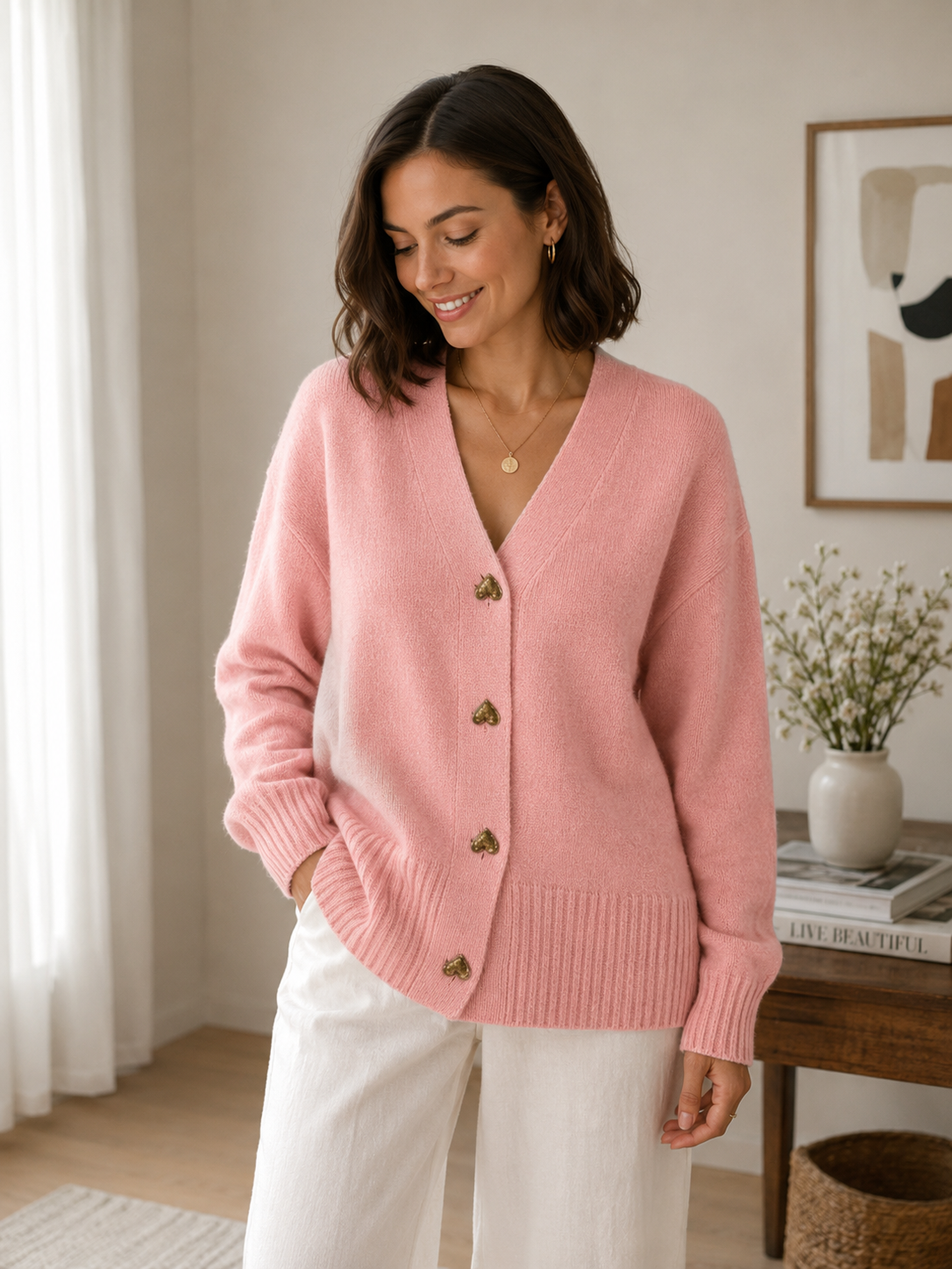 Women's V-neck knitted cardigan with button front and clean even-surface finish