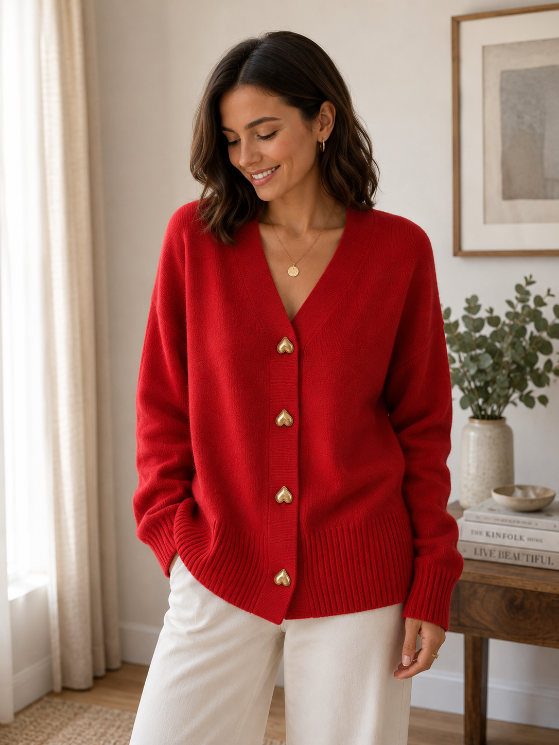Women's regular-fit knitted cardigan with decorative buttons and ribbed collar detail
