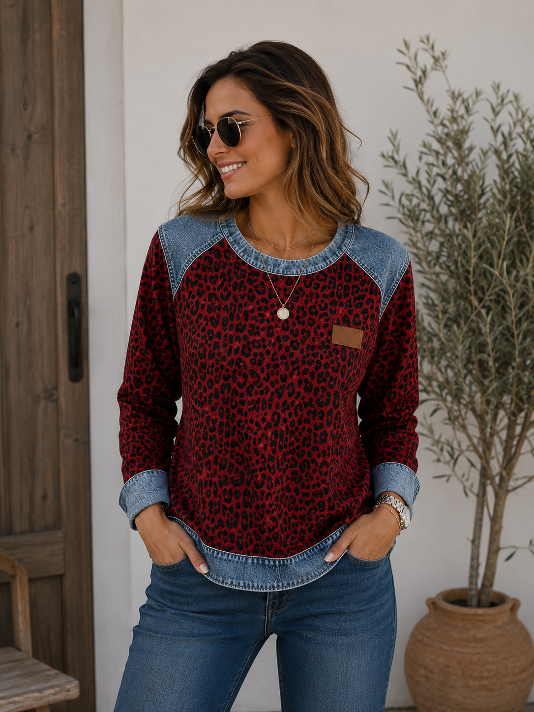 Women's relaxed-fit leopard print top with rolled-up cuff long sleeves