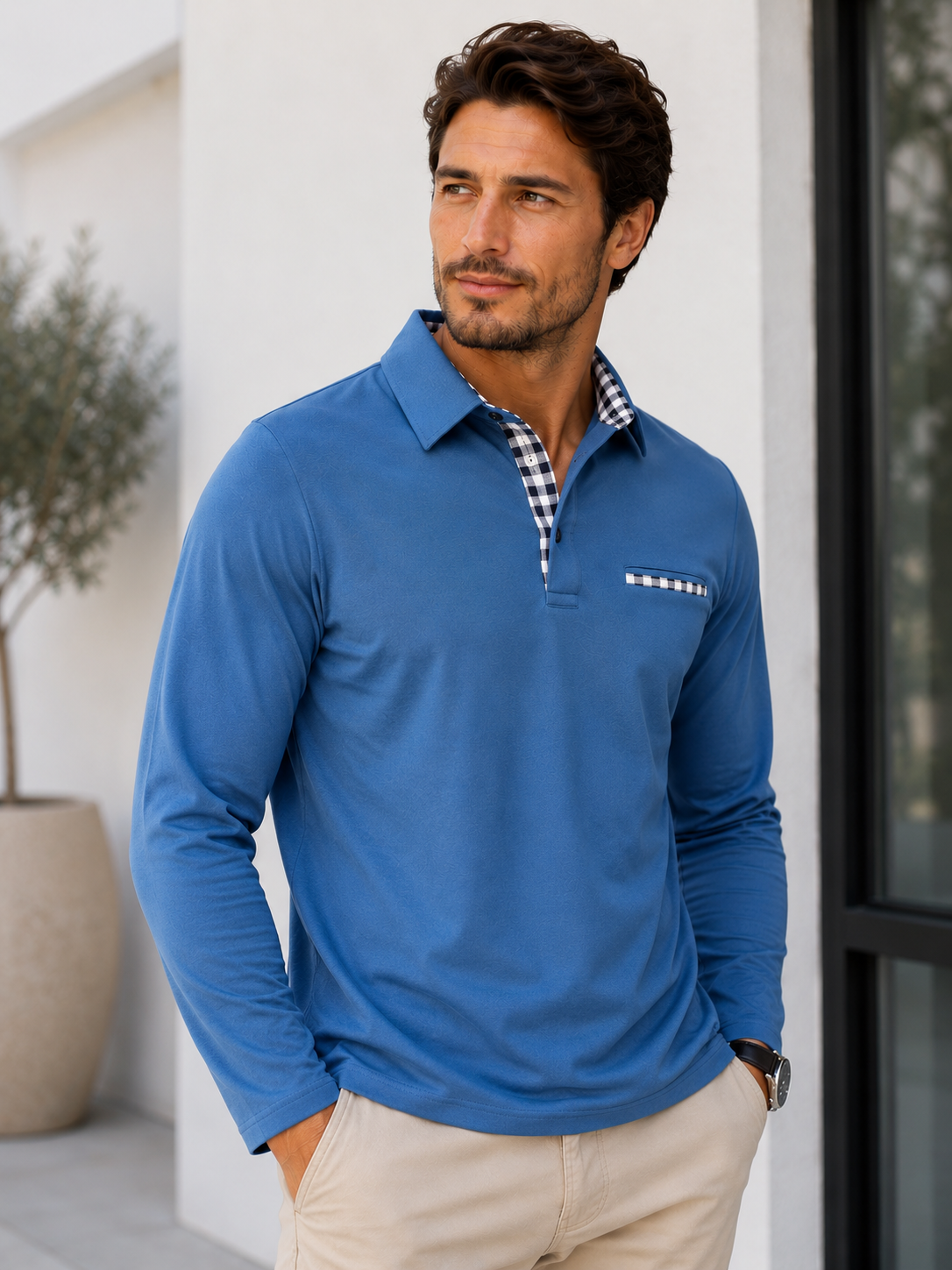 Men's knit polo shirt with long sleeves, classic checkered collar, and button placket closure