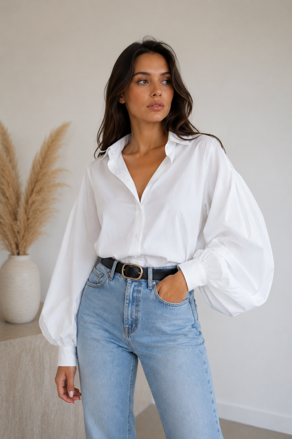 Woven wrap blouse for women with open neckline and long sleeves