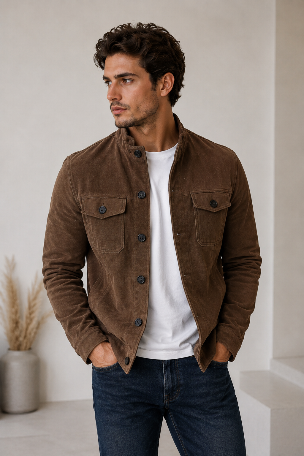 Suede jacket for men with matte finish, button-up front, and flap chest pockets