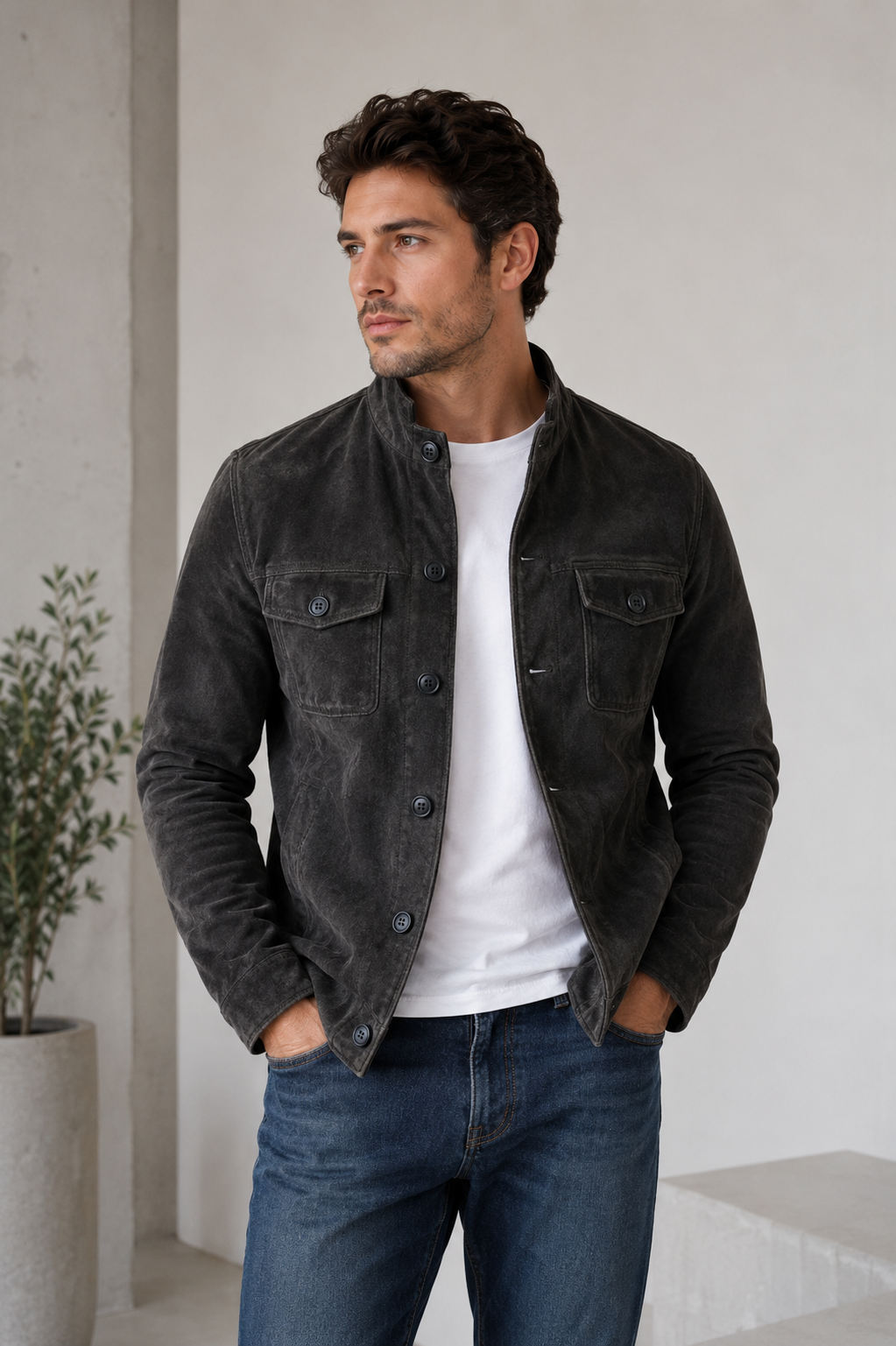Men's structured suede jacket with stand-up collar, button closure, and regular fit