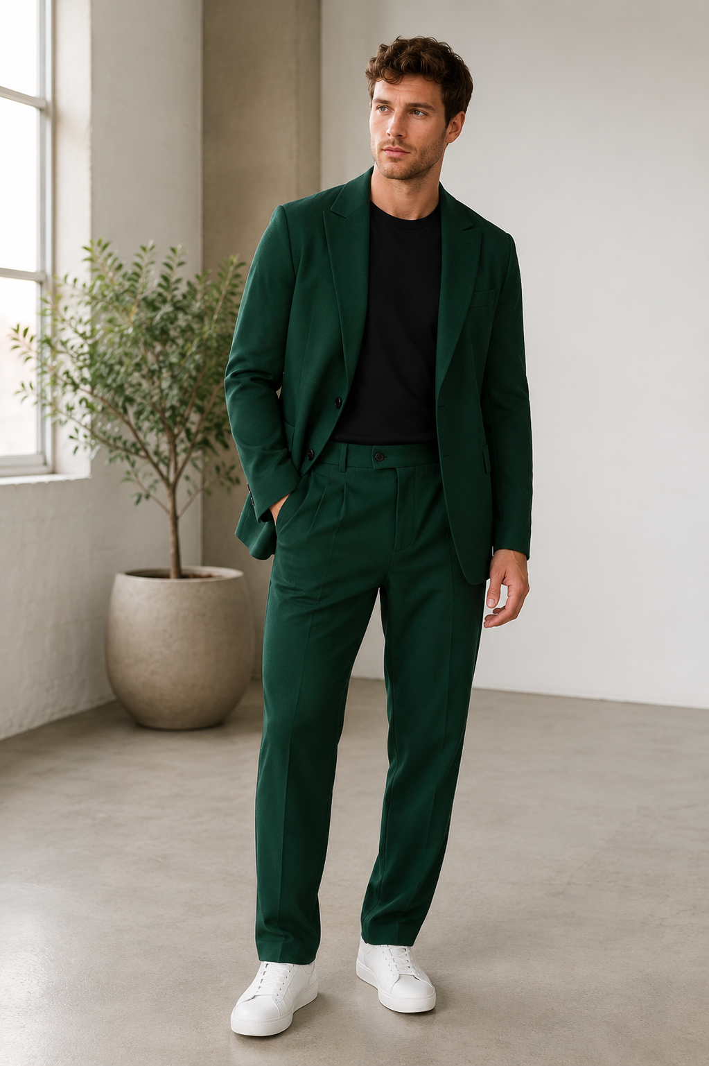 Men's two-piece blazer and trousers set with lapel collar and relaxed straight-leg fit