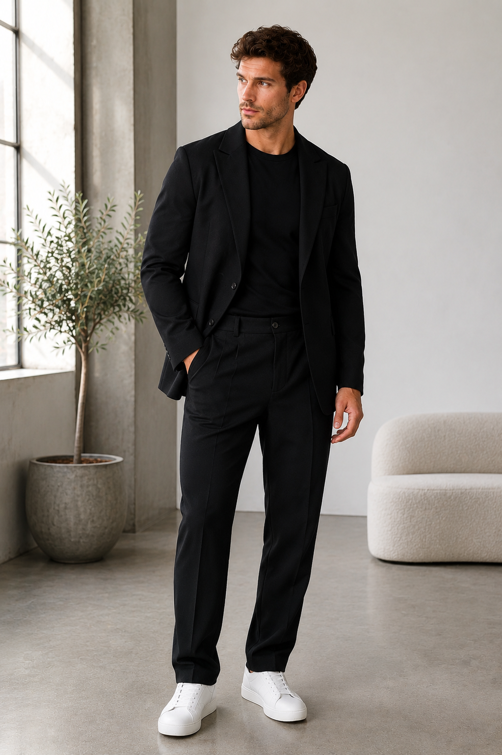 Men's woven blazer and matching trousers set with button closure and straight-leg trousers