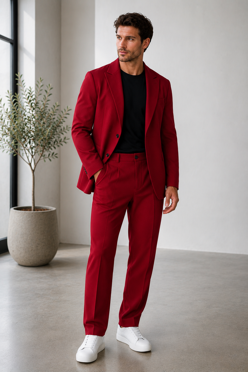 Men's relaxed fit blazer and trousers set with lapel collar and waistband with belt loops