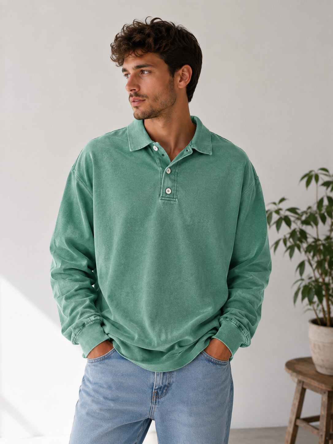 Men's polo sweatshirt in a relaxed fit with long sleeves and button collar