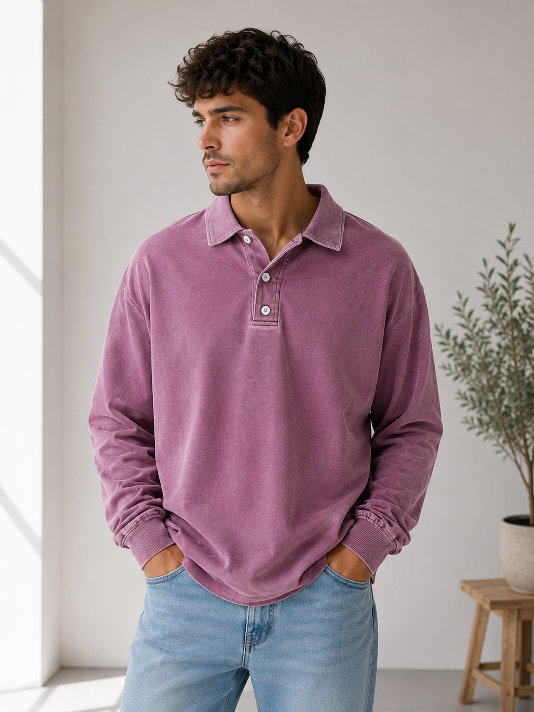 Long-sleeve men's polo sweatshirt with a classic polo collar and relaxed silhouette