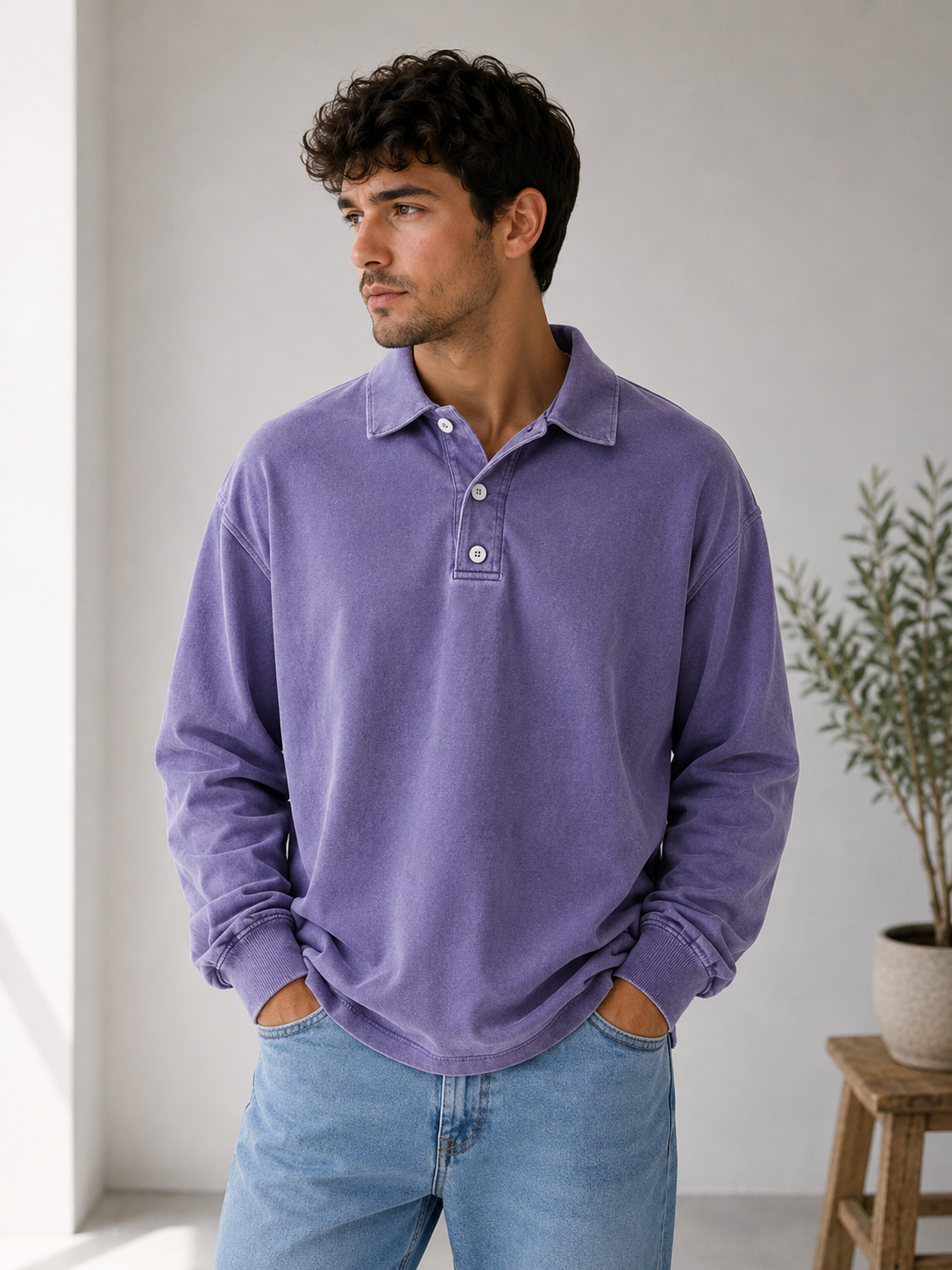 Men's everyday polo sweatshirt with long sleeves and a relaxed fit
