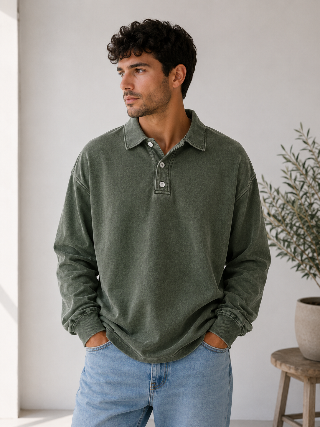 Men's long-sleeve polo sweatshirt with button collar and casual fit