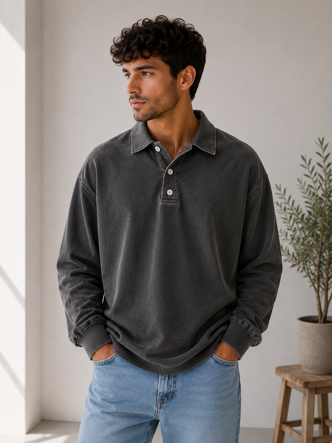 Men's polo sweatshirt with a soft cotton blend and relaxed everyday fit