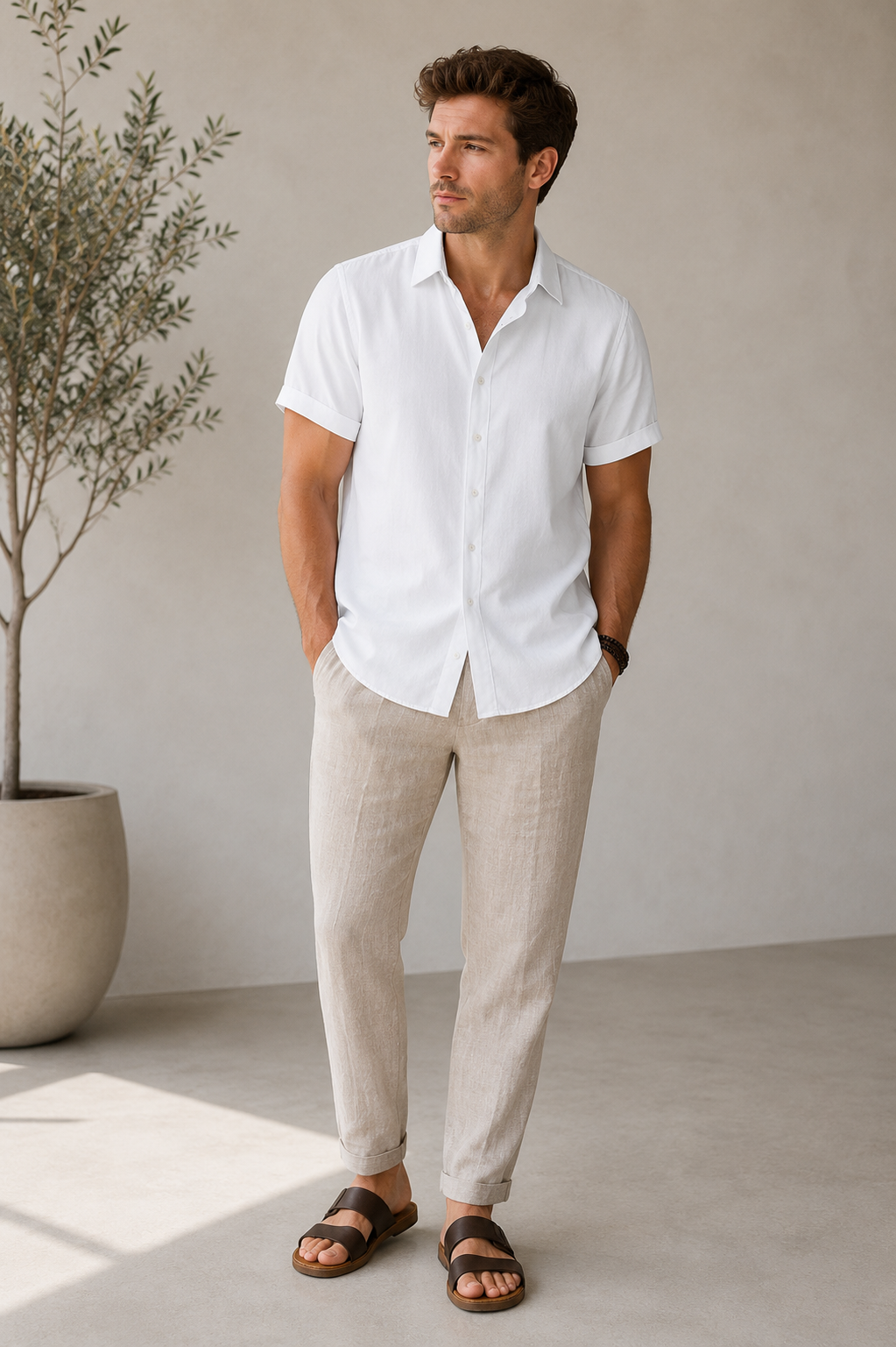 Men's short-sleeve button-up shirt with a classic collar, front button closure, and relaxed fit