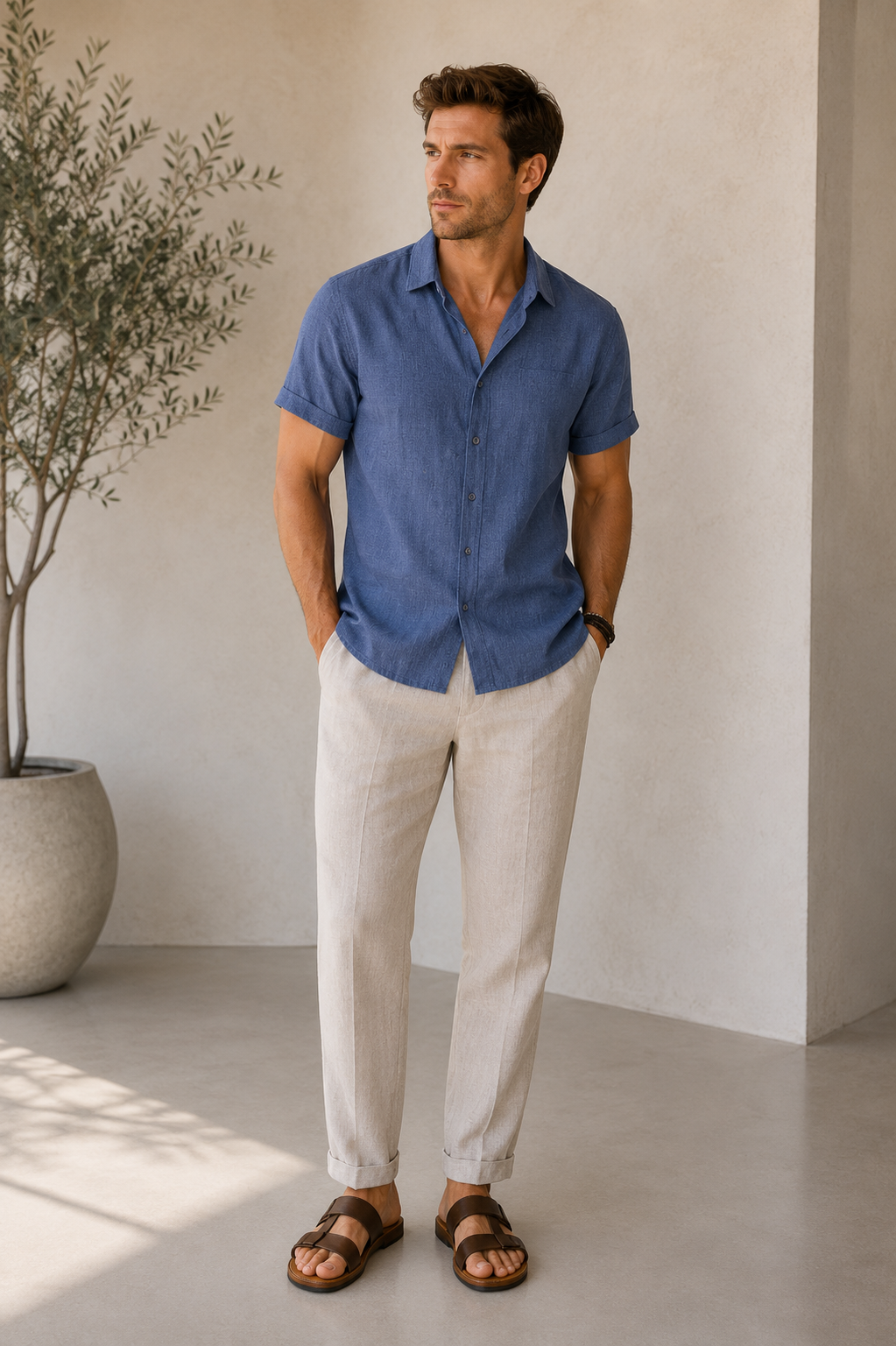 Men's short-sleeve button-up shirt with a front button closure, classic collar, and straight hem