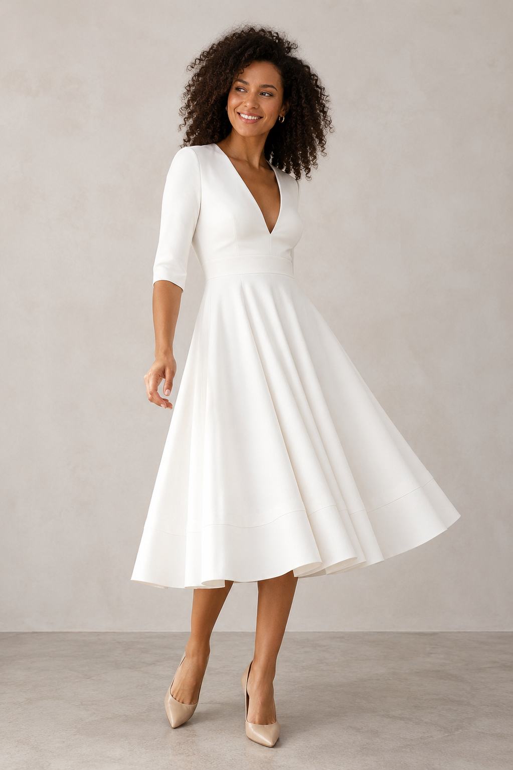 Women's flared midi dress with V-neck, fitted bodice, three-quarter sleeves, and defined waist seam
