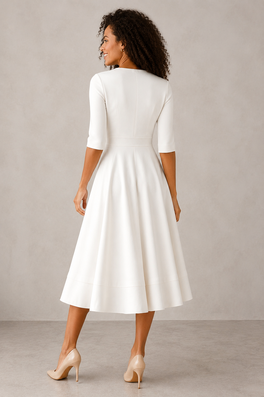 Women's V-neck midi dress with flared skirt, smooth fabric, and hidden back zipper detail