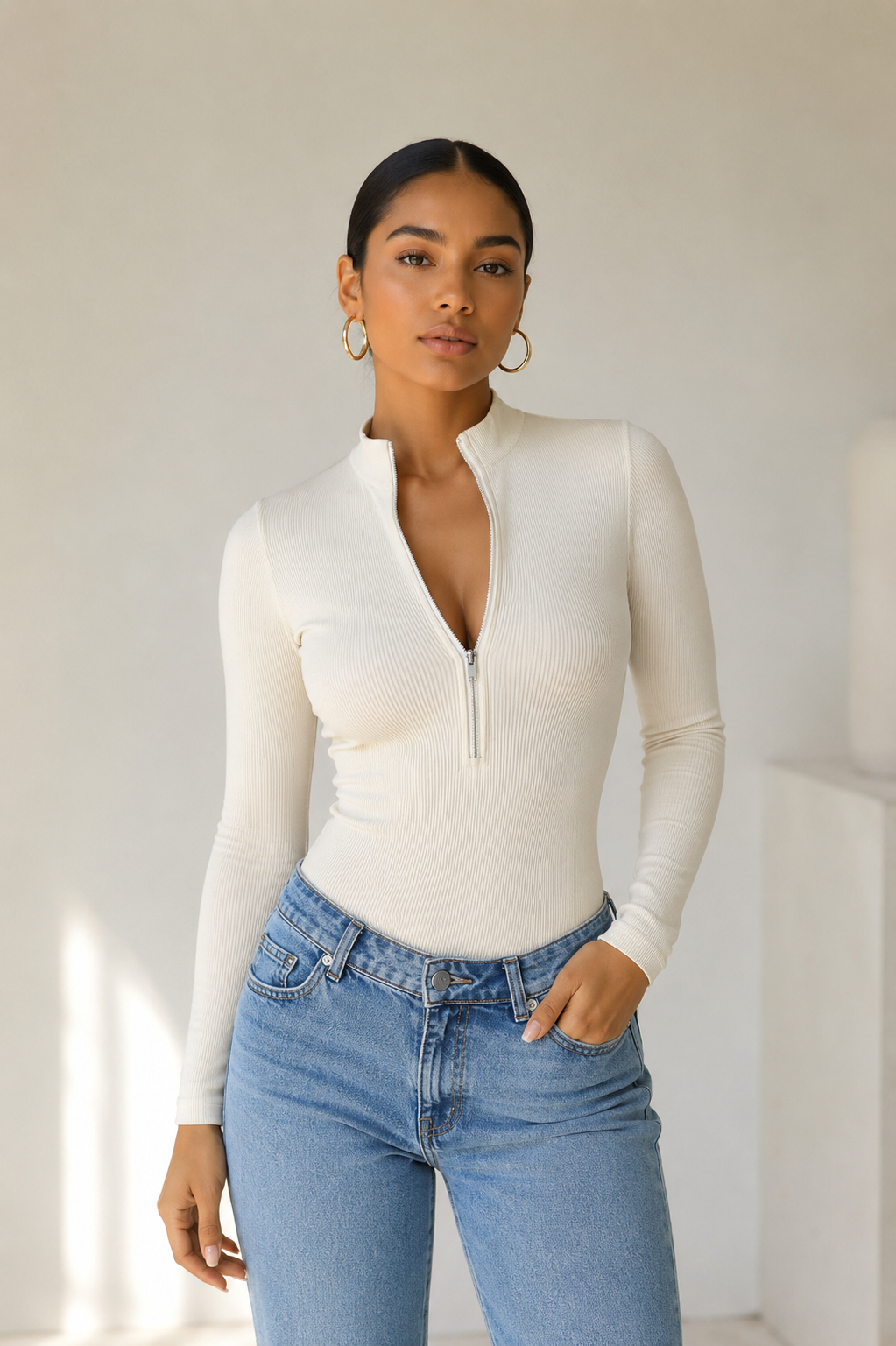 Women's long-sleeve ribbed bodysuit with front zipper and stand-up collar, body-hugging shapewear fit