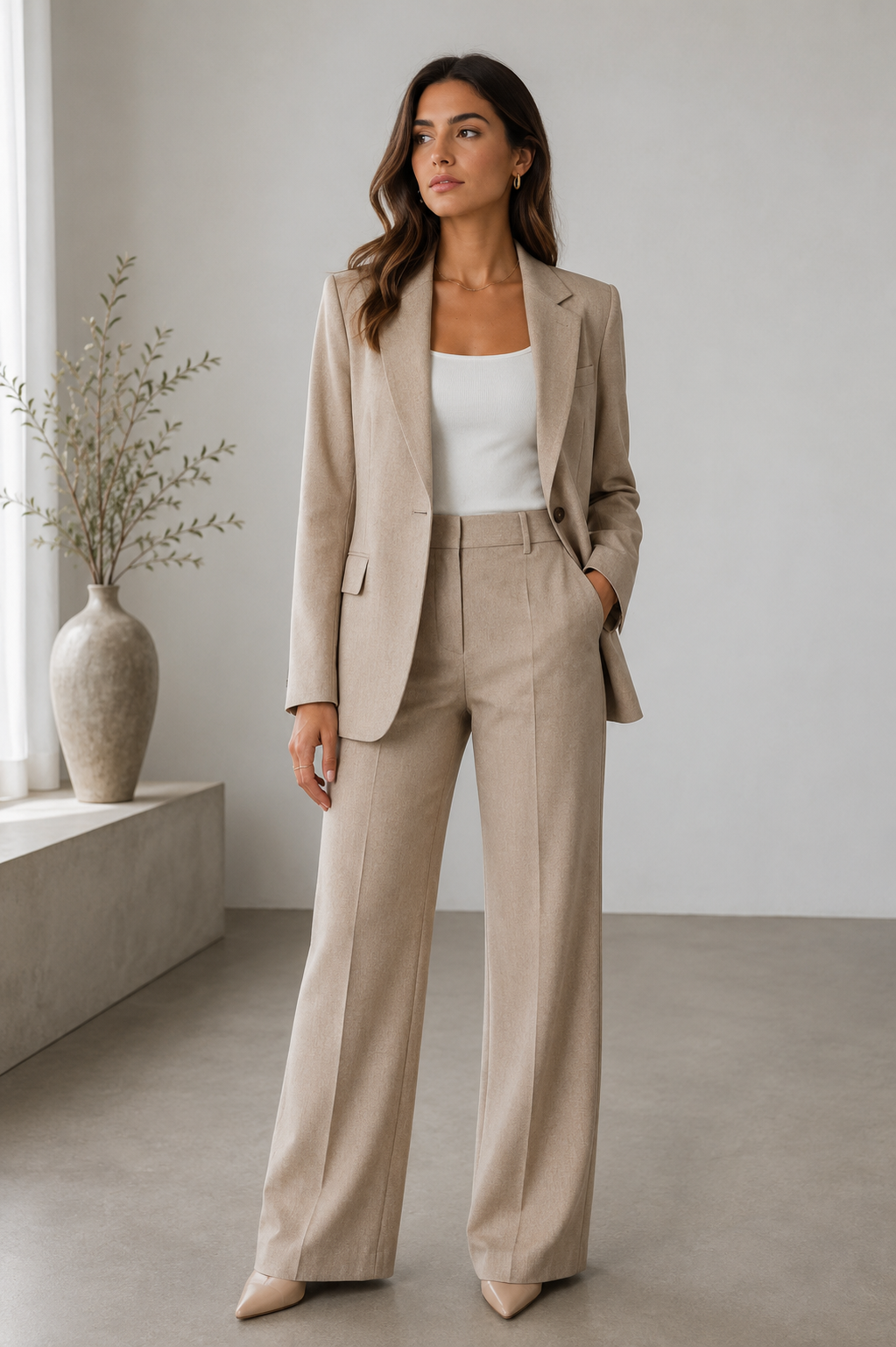 Classic women's two-piece tailored suit with structured blazer and straight-cut trousers