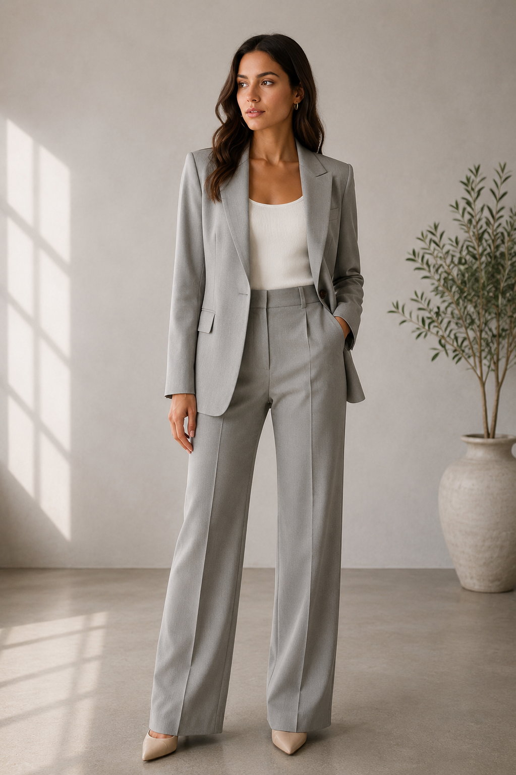 Women's professional tailored suit set with blazer and coordinating straight-leg trousers