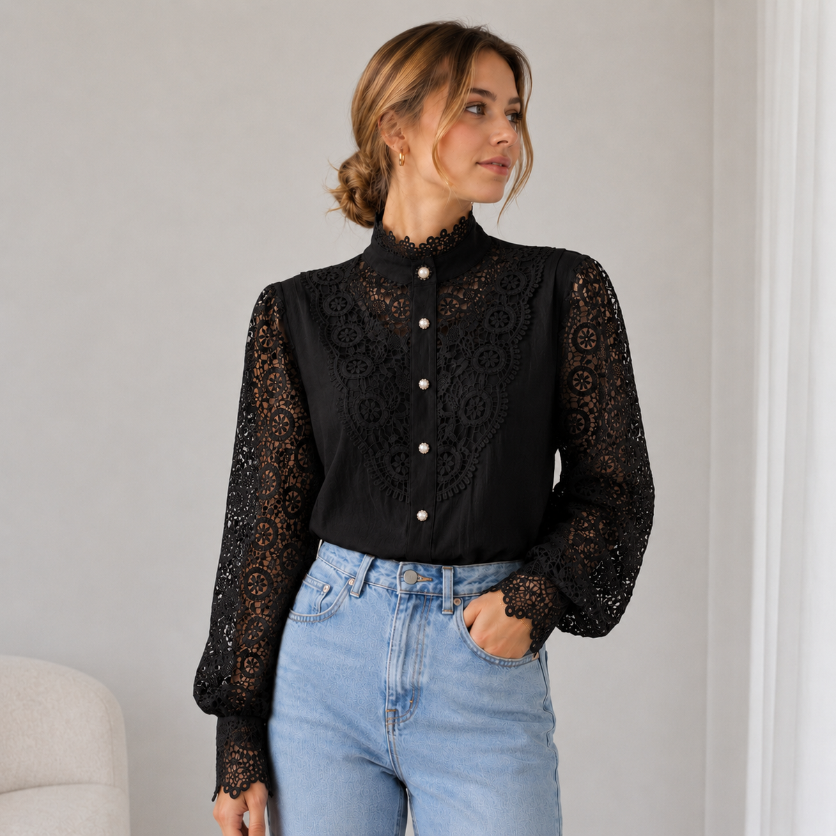 Women's long-sleeve lace blouse with high collar and button front in a dark tone