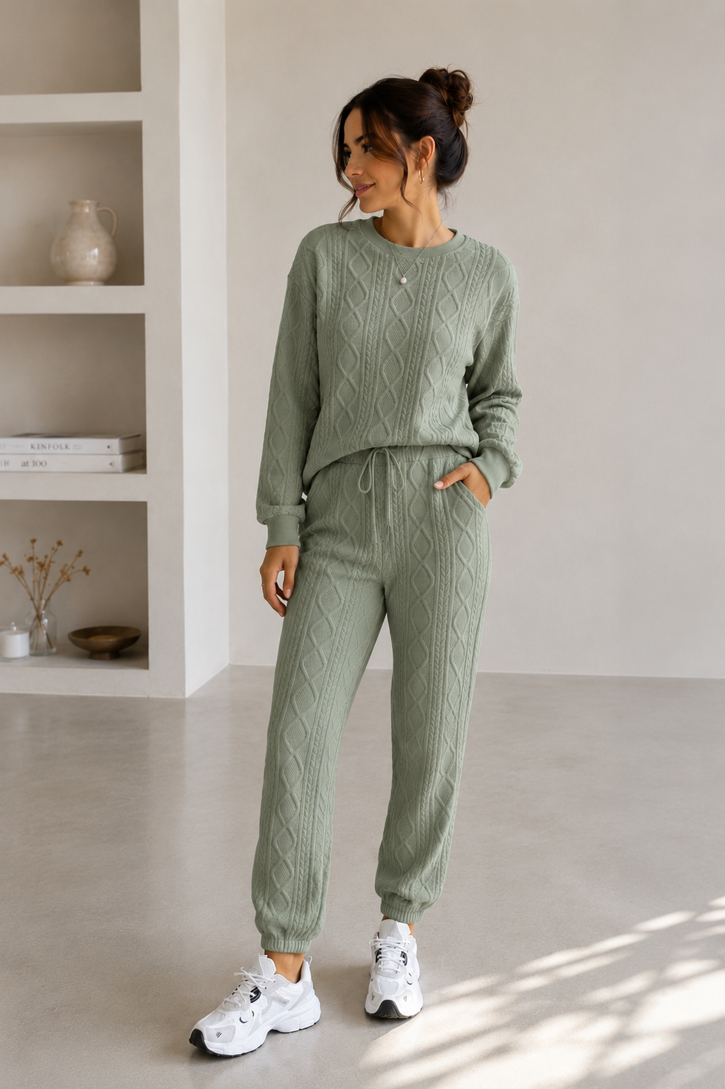 Women's two-piece knitted set with cable-knit detail, elastic waist pants and long-sleeve top