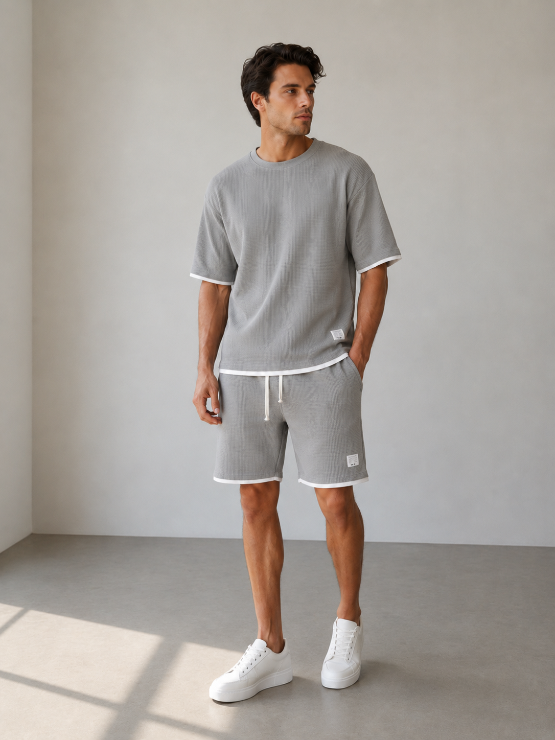 Men's matching t-shirt and shorts set in lightweight structured fabric with elastic waistband