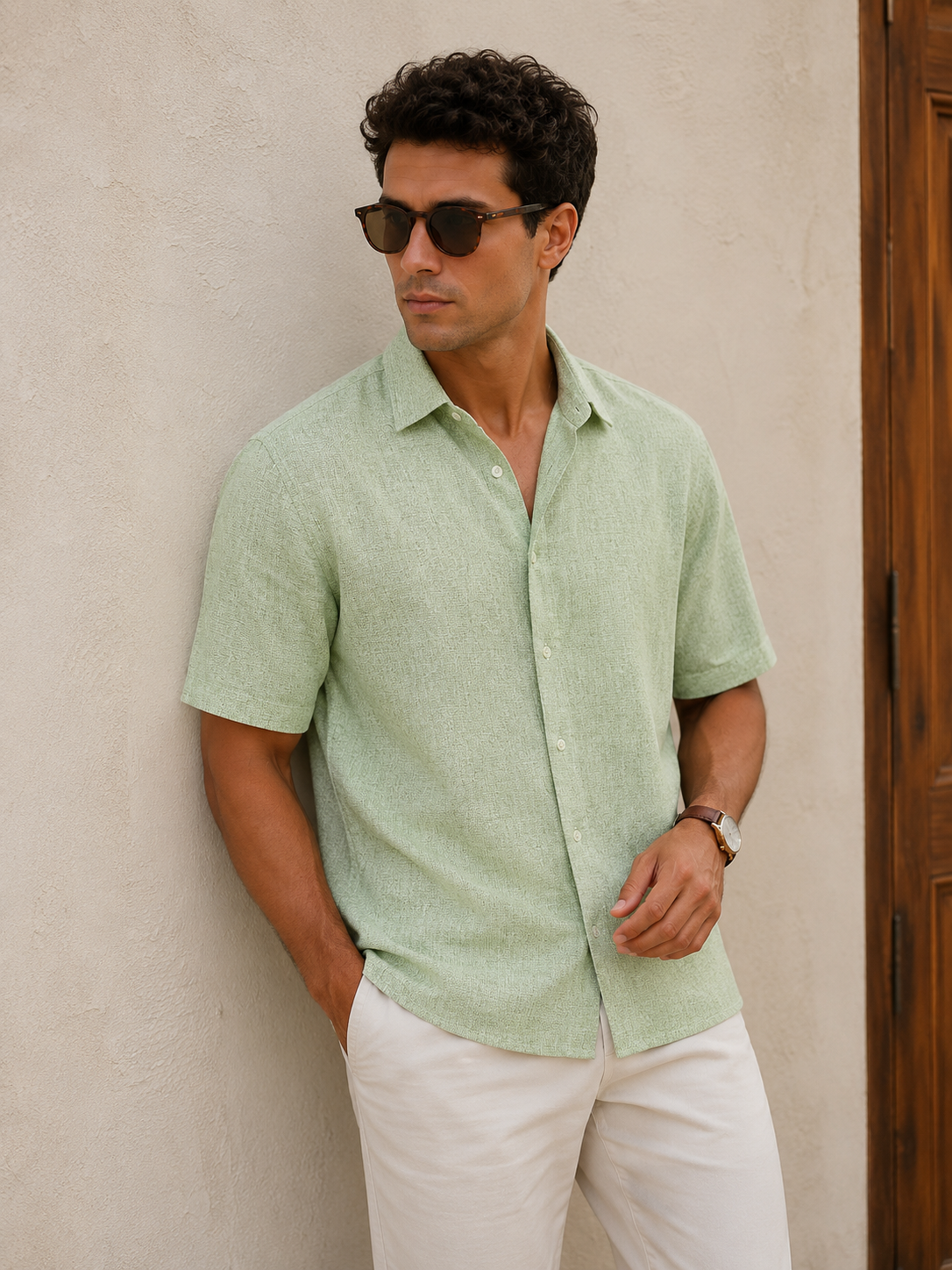 Men's casual long-sleeve shirt with partial button placket, textured fabric, and straight silhouette
