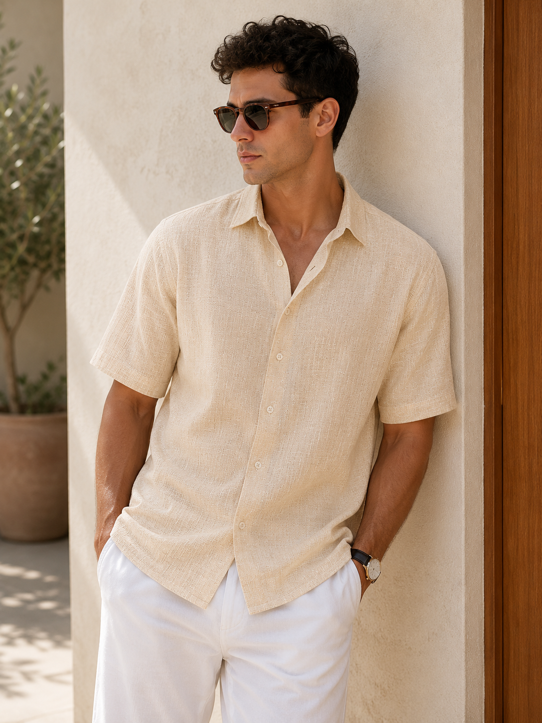 Men's spring summer shirt with button placket, classic collar, and soft textured construction